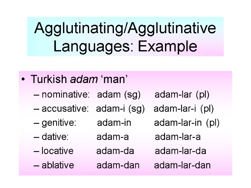 Agglutinating/Agglutinative Languages: Example Turkish adam ‘man’ nominative:  adam (sg)    